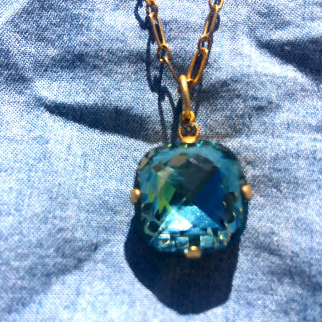 Catherine Popesco Aqua Blueteal Swarovski Crystal Brushed Goldplate Necklace
